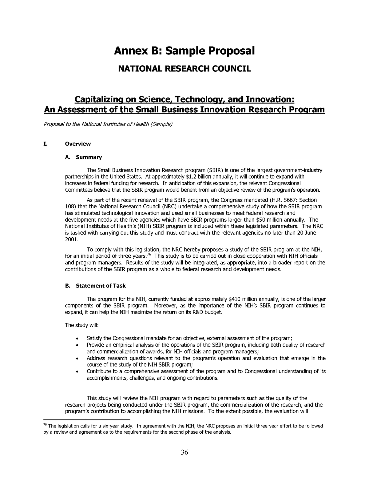 Annex B Sample Proposal An Assessment Of The Small Business Innovation Research Program Project Methodology The National Academies Press