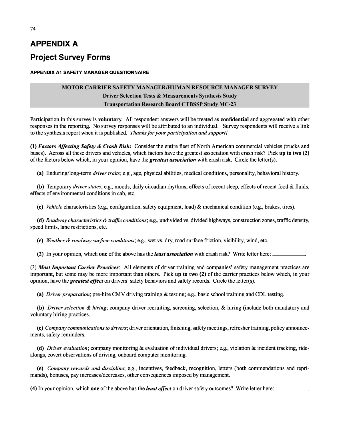 APPENDIX A Project Survey Forms  Driver Selection Tests and