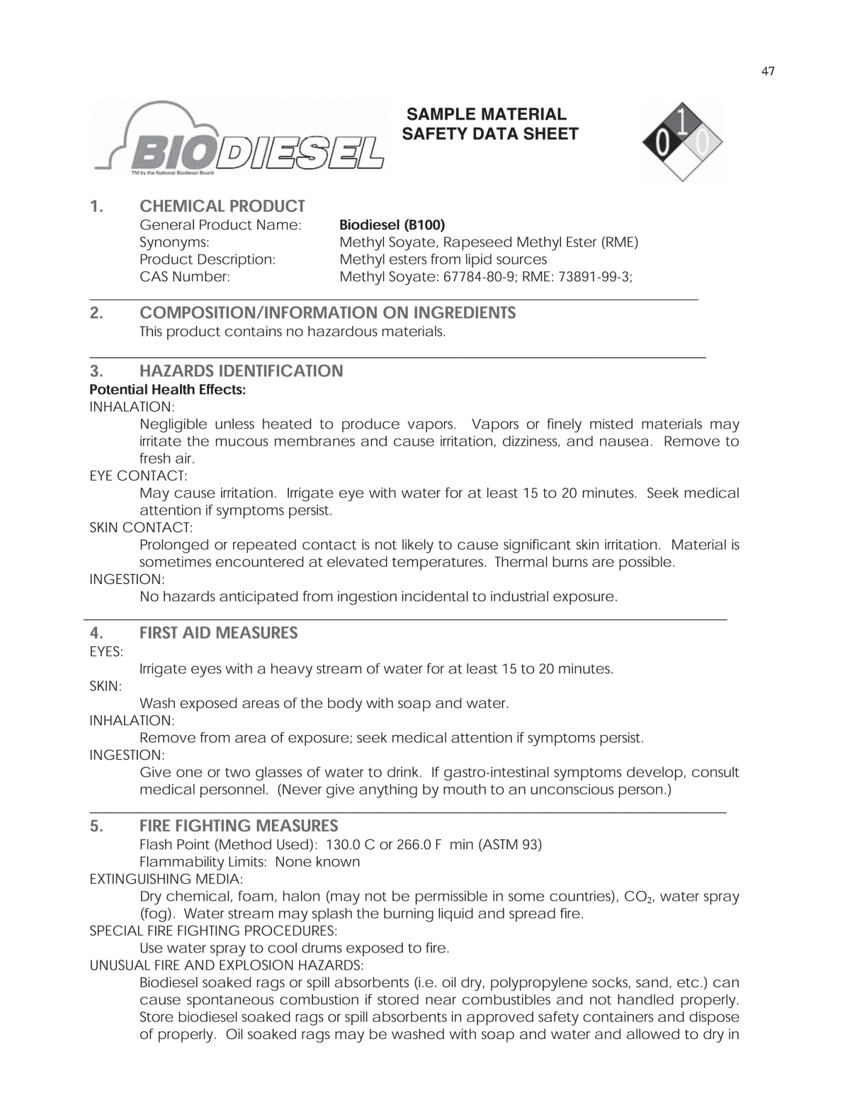 Appendix A - Sample Material Safety Data Sheet  Use of Biodiesel