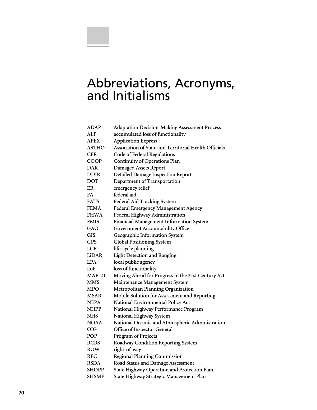 Abbreviations Acronyms And Initialisms Asset Management Approaches To Identifying And Evaluating Assets Damaged Due To Emergency Events The National Academies Press